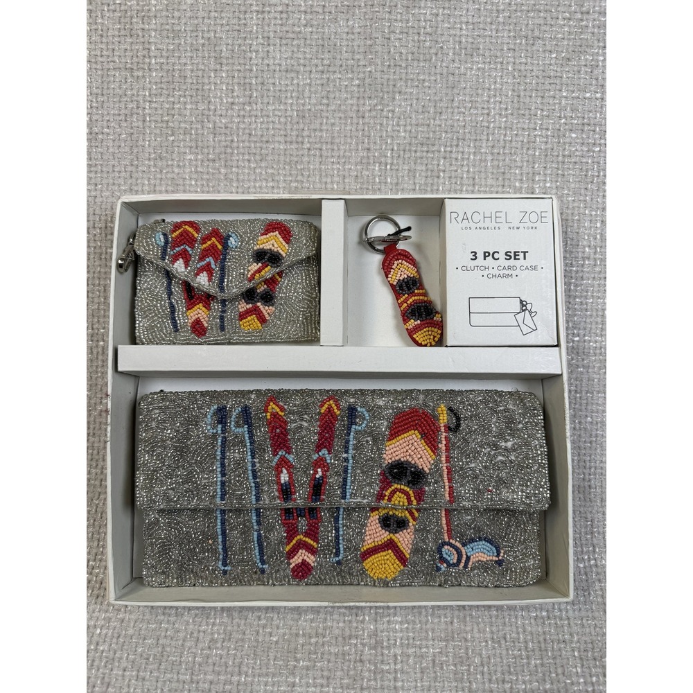 Rachel Zoe Beaded Ski Clutch Card Case and Charm 3 Piece Boxed Gift Set - NIB